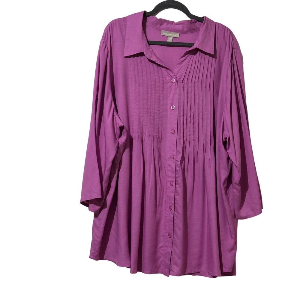 Woman Within size 2X lavender poet pleated button front 3/4 roll tab sleeve top